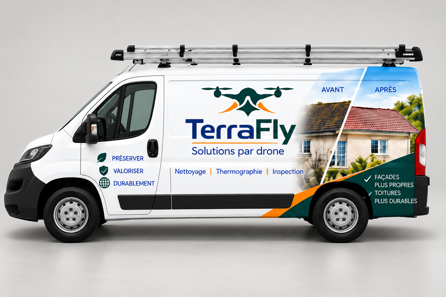 Véhicule TerraFly vu de profil, avec son flocage vert et orange